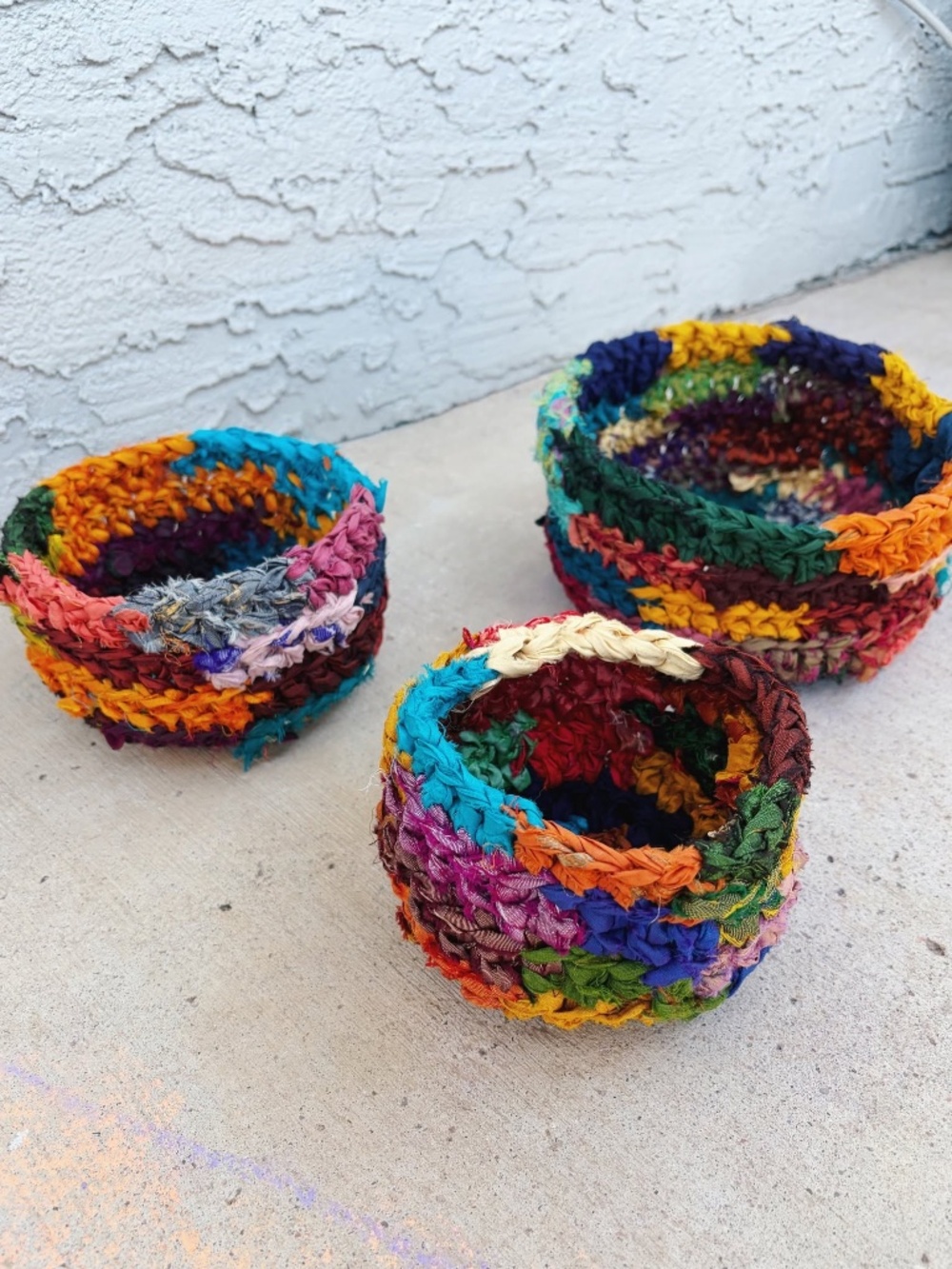 Set of 3 Handmade Nesting Baskets - Up-cycled Sari Silk in Bright Colors